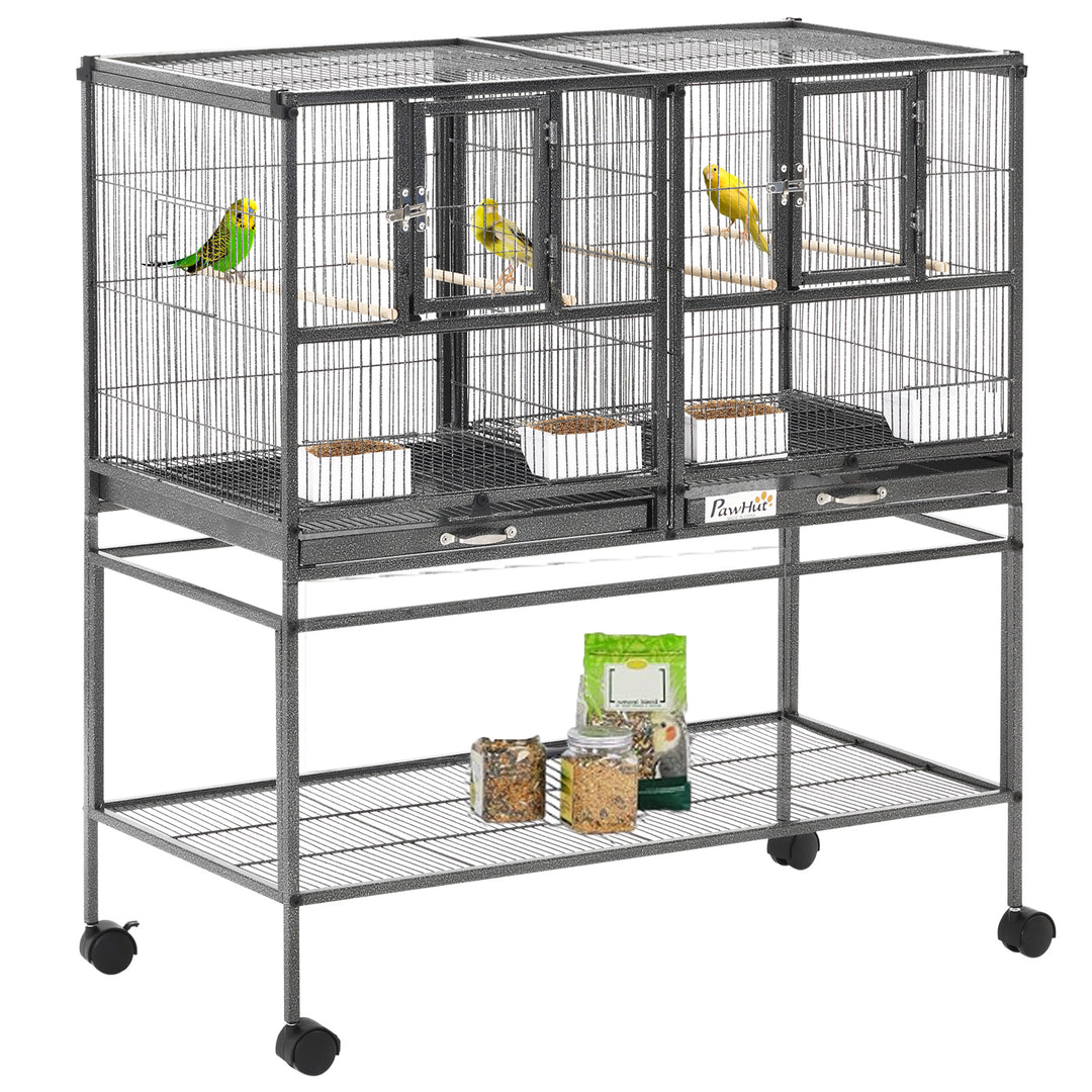 PawHut Large Double Rolling Metal Bird Cage Bird House w/ Removable Tray Storage Shelf