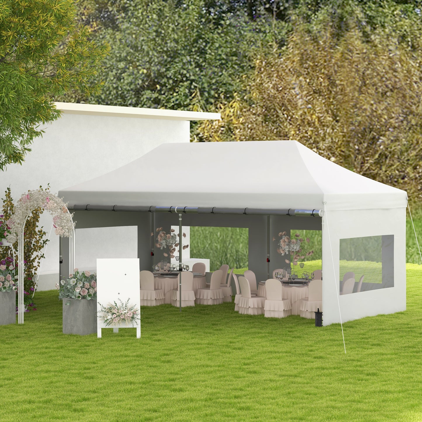 Outsunny 20' x 10' Folding Pop Up Canopy Tent with Sidewalls,  Windows, Weight Bags and Carrying Bag, White