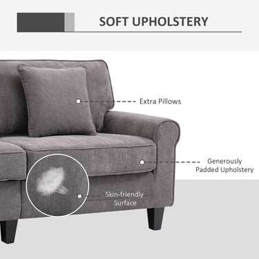 HOMCOM Modern 3 Seater Sofa, Corduroy Fabric 3 Seater Couch with Pine Wood Legs and Rolled Armrests for Living Room, Light Grey