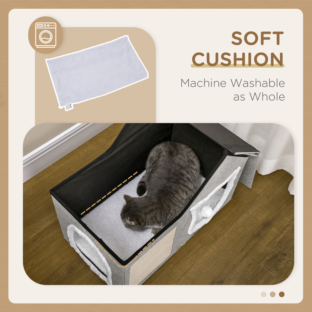 PawHut Large Cat Bed for Indoor, Cat House Hideaway with Soft Cushion, Scratching Pad, Dangling Ball, Dual Entrances, Grey