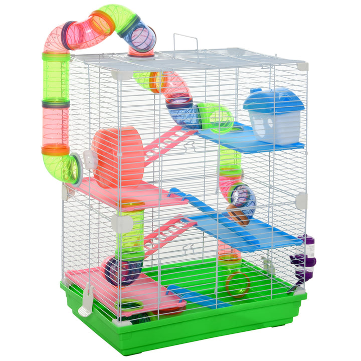 PawHut 5 Tiers Hamster Cage Portable with Exercise Wheels Play Tube Water Bottle Dishes House Ladder for Gerbils, Green