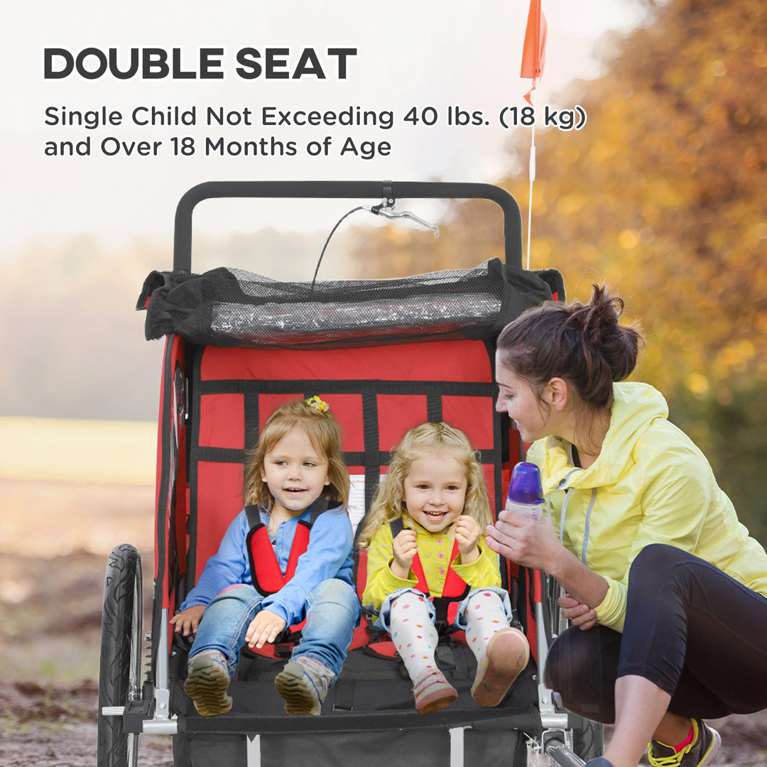 Aosom 2-in-1 Bike Trailer for Kids, Foldable 2-Seat Baby Stroller with 5-Point Harness, Rubber Wheels, Storage Bag, Yellow