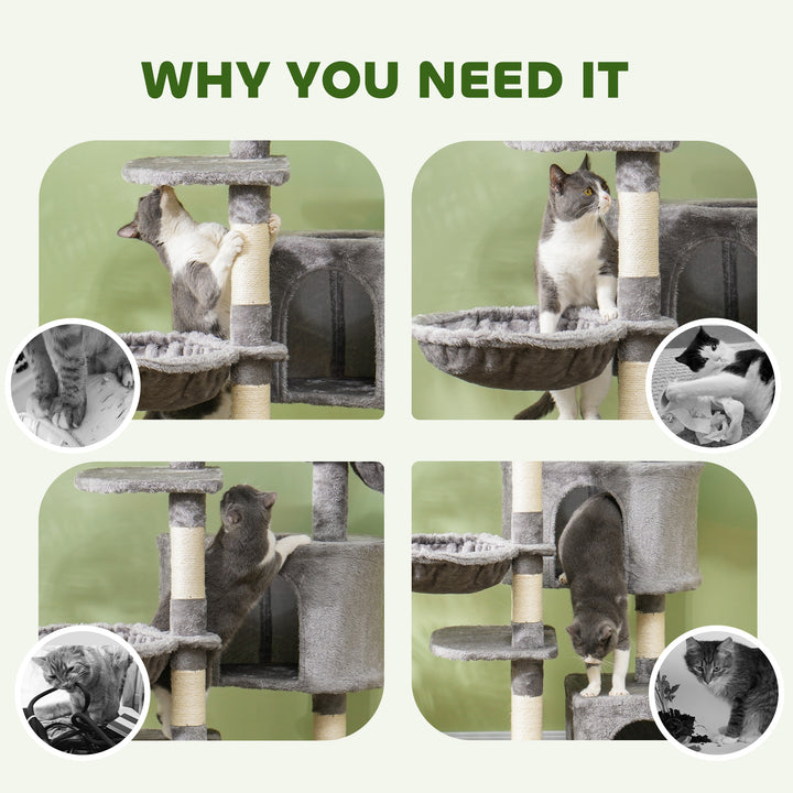 PawHut 52.5" Cat Tree Tower with Scratching Posts, Cat Condos, Bed, Platforms, Hammocks, for Indoor Cats, Dark Grey