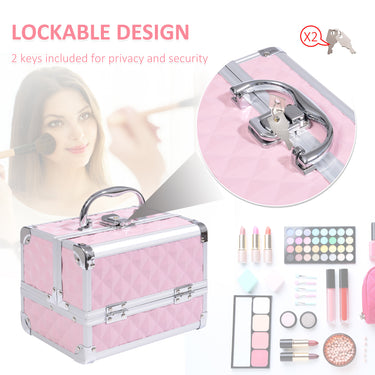 HOMCOM 3 Tier Diamond Texture Makeup Case Train Case Cosmetic Organizer with Mirror, Pink