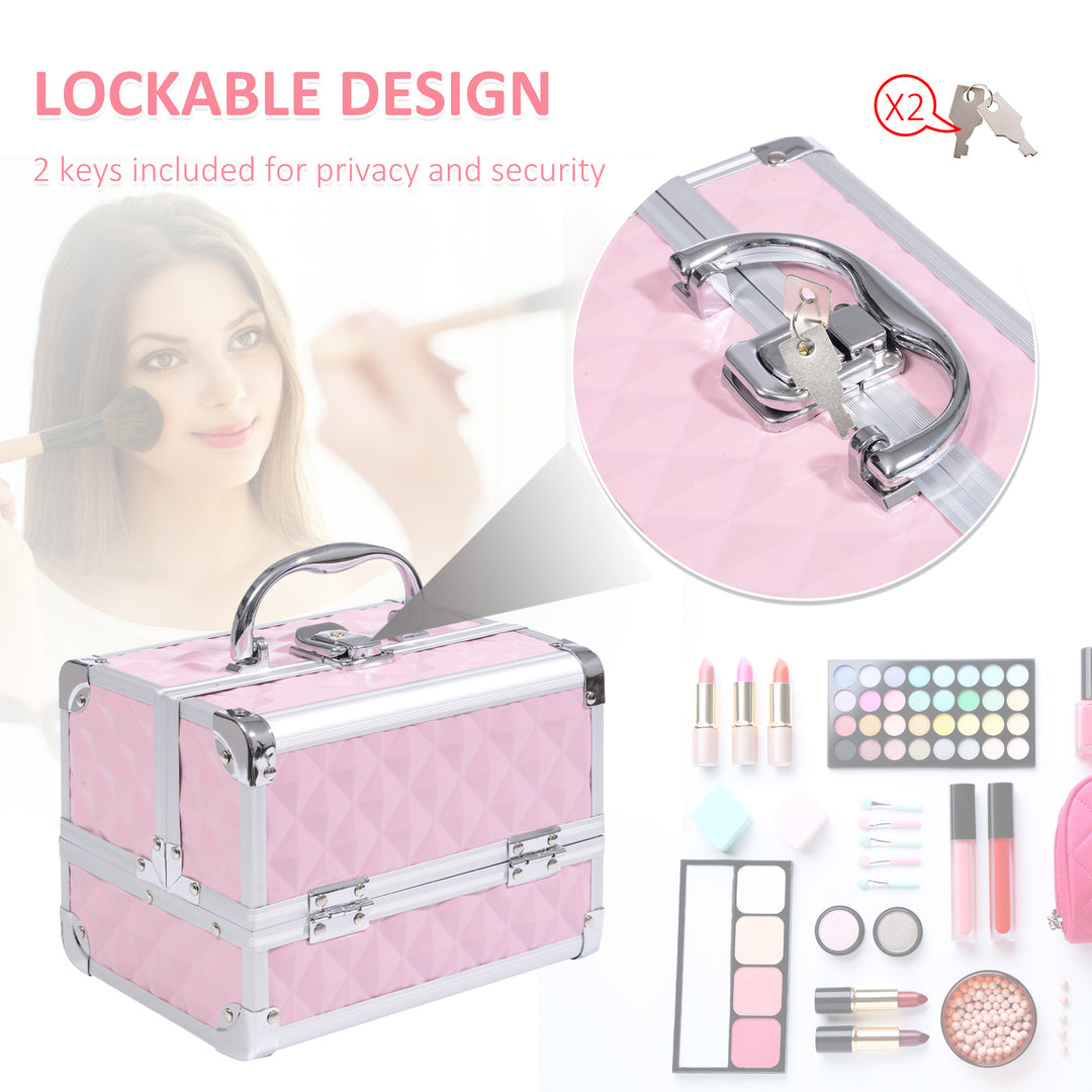 HOMCOM 3 Tier Diamond Texture Makeup Case Train Case Cosmetic Organizer with Mirror, Pink