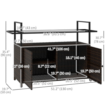 Outsunny 2-Tier PE Rattan Outdoor Bar Cart, Glass Top Outdoor Kitchen Island with Cabinet, Mixed Brown