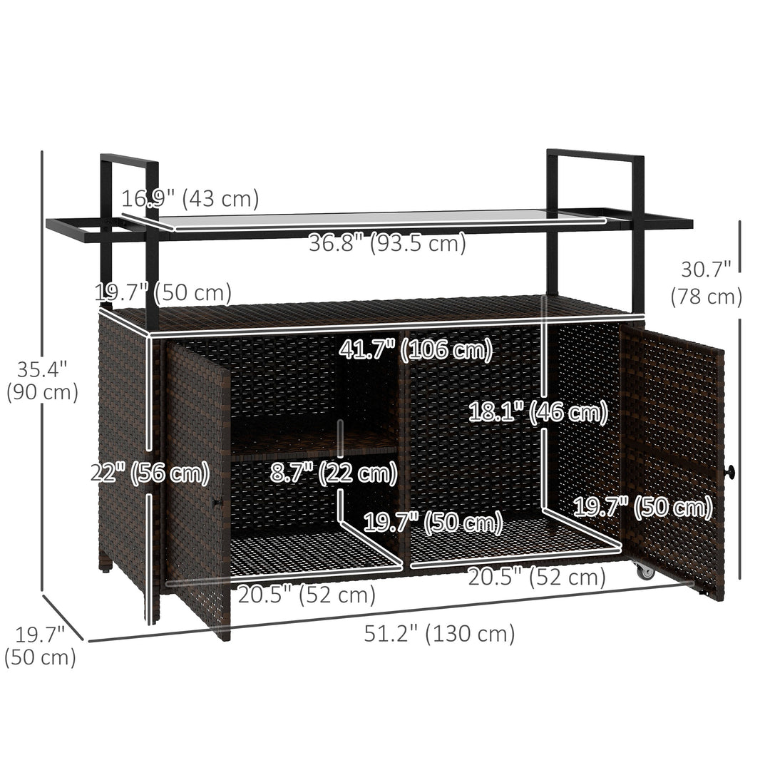 Outsunny 2-Tier PE Rattan Outdoor Bar Cart, Glass Top Outdoor Kitchen Island with Cabinet, Mixed Brown