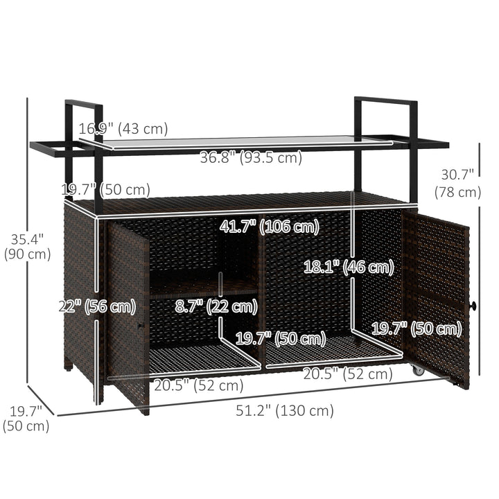 Outsunny 2-Tier PE Rattan Outdoor Bar Cart, Glass Top Outdoor Kitchen Island with Cabinet, Mixed Brown