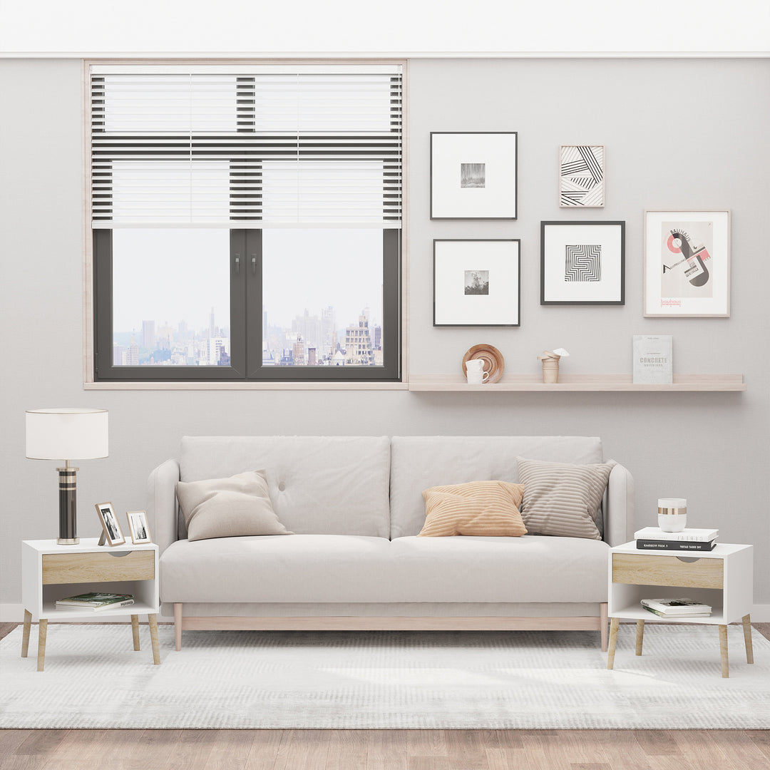 HOMCOM Set of 2 Bedside Table with Drawer and Shelf, Modern Nightstand with Wooden Legs, End Table for Bedroom, White