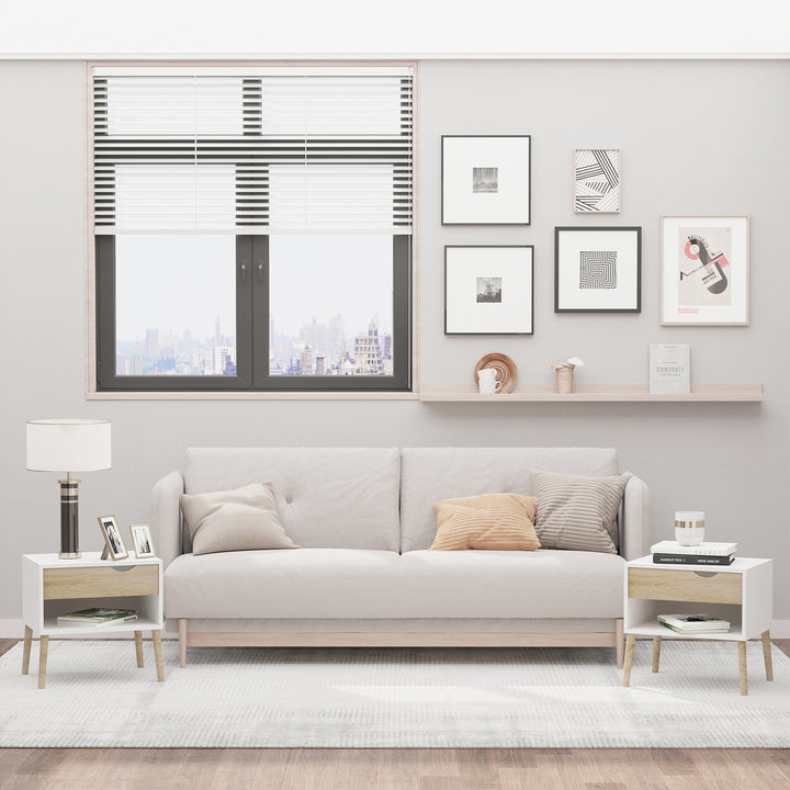 HOMCOM Set of 2 Bedside Table with Drawer and Shelf, Modern Nightstand with Wooden Legs, End Table for Bedroom, White