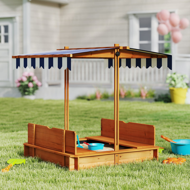Outsunny Kids Wooden Sandbox Outdoor Backyard Playset Children Play Station w/ Adjustable Canopy & Convertible Bench Sand for 3-7 Years Old