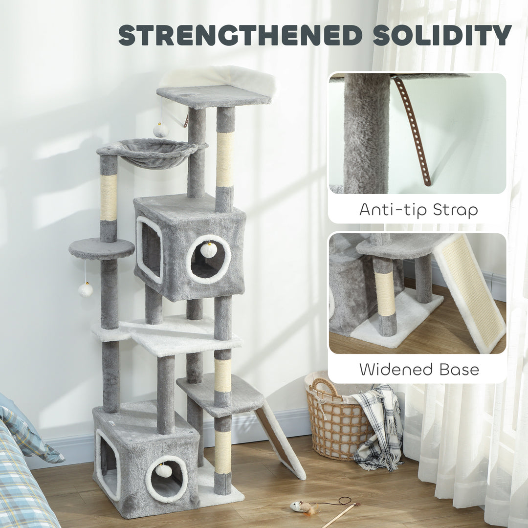 PawHut 65 Inch Cat Tree with 2 Doors Condos, Plush Top Perch, Hammock, Sisal Scratching Posts, 4 Pompoms, Ramp, White