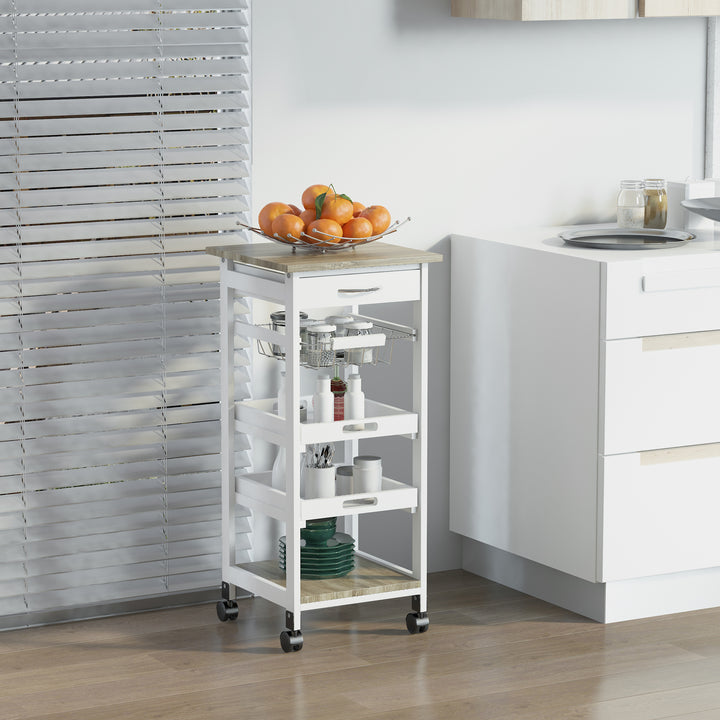 HOMCOM Rolling Kitchen Island Cart, Mobile Utility Storage Cart with Drawer, Wire Storage Basket, Removable Tray, Grey