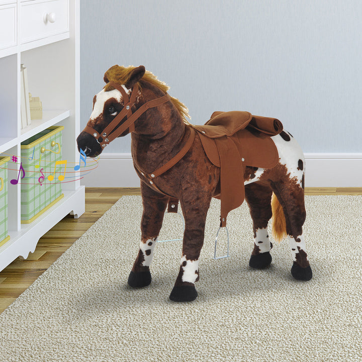 Qaba Standing Ride on Horse, Plush Pony Toy for Kids with Neighing Sound, Soft Padding, for Cowboy Cowgirl Aged 3-8 Years Old, Brown