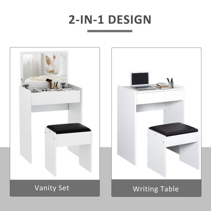 HOMCOM Modern Vanity Set with Makeup Table and Cushioned Stool, Dressing Table with Flip Top and Mirror for Bedroom, White