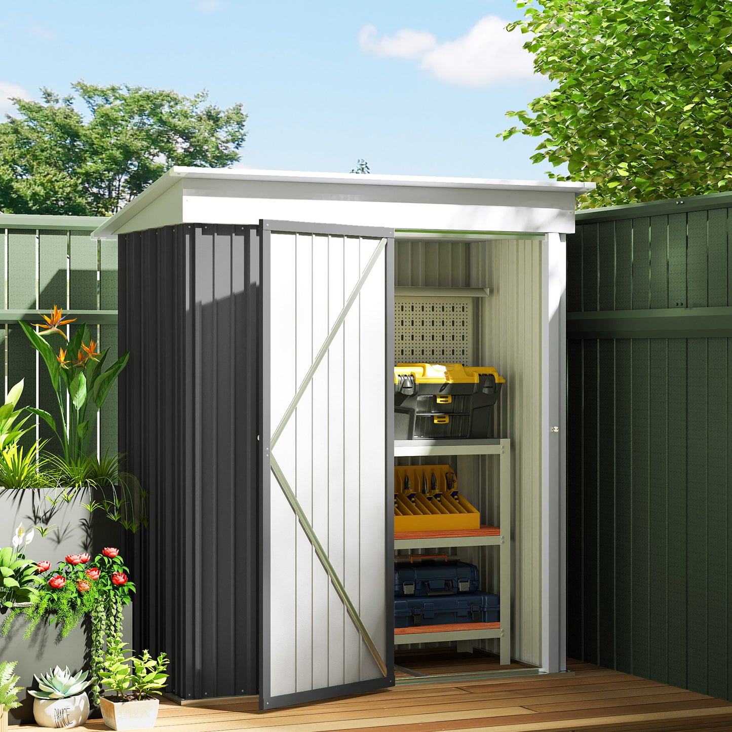 Outsunny Outdoor Storage Shed, Steel Lean-to Shed with Adjustable Shelf, Lock, Gloves, 5'x3'x6', Green