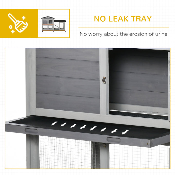 PawHut 62" Wooden Rabbit Hutch with Wheels, Run Box, Tray, Ramp for Small Animals, Guinea Pig, Indoor Outdoor Use, Light Grey