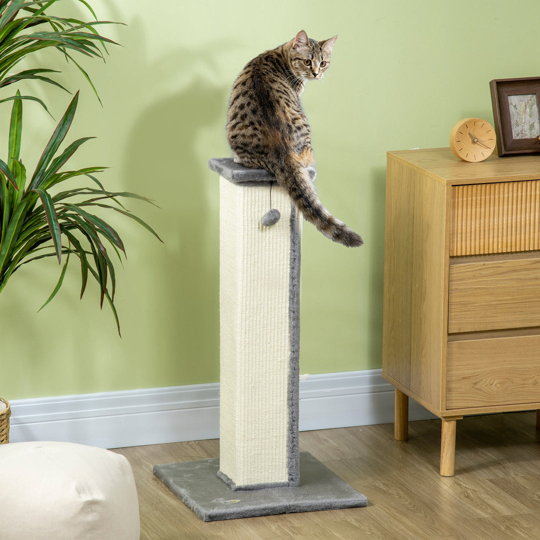 PawHut 32" Tall Cat Scratching Post for Indoor Cats and Kittens, Sisal Cat Scratcher with Hanging Ball Soft Plush, Grey