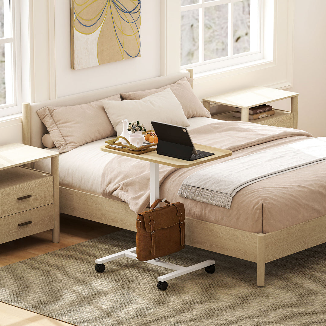 HOMCOM Height Adjustable Standing Desk, Pneumatic Sit Stand Desk with Wheels and Headphone Hook for Home Office, Natural