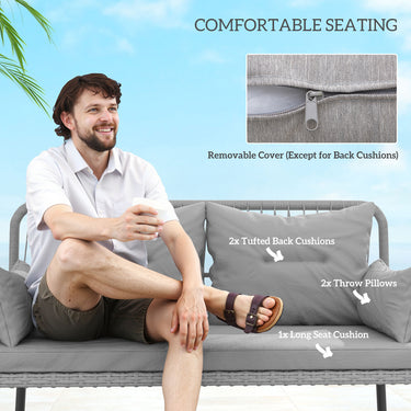 Outsunny 2 Pieces Wicker Patio Furniture Set, Small Patio Seat with Outdoor Loveseat, Glass Top Table and Cushions, Light Grey