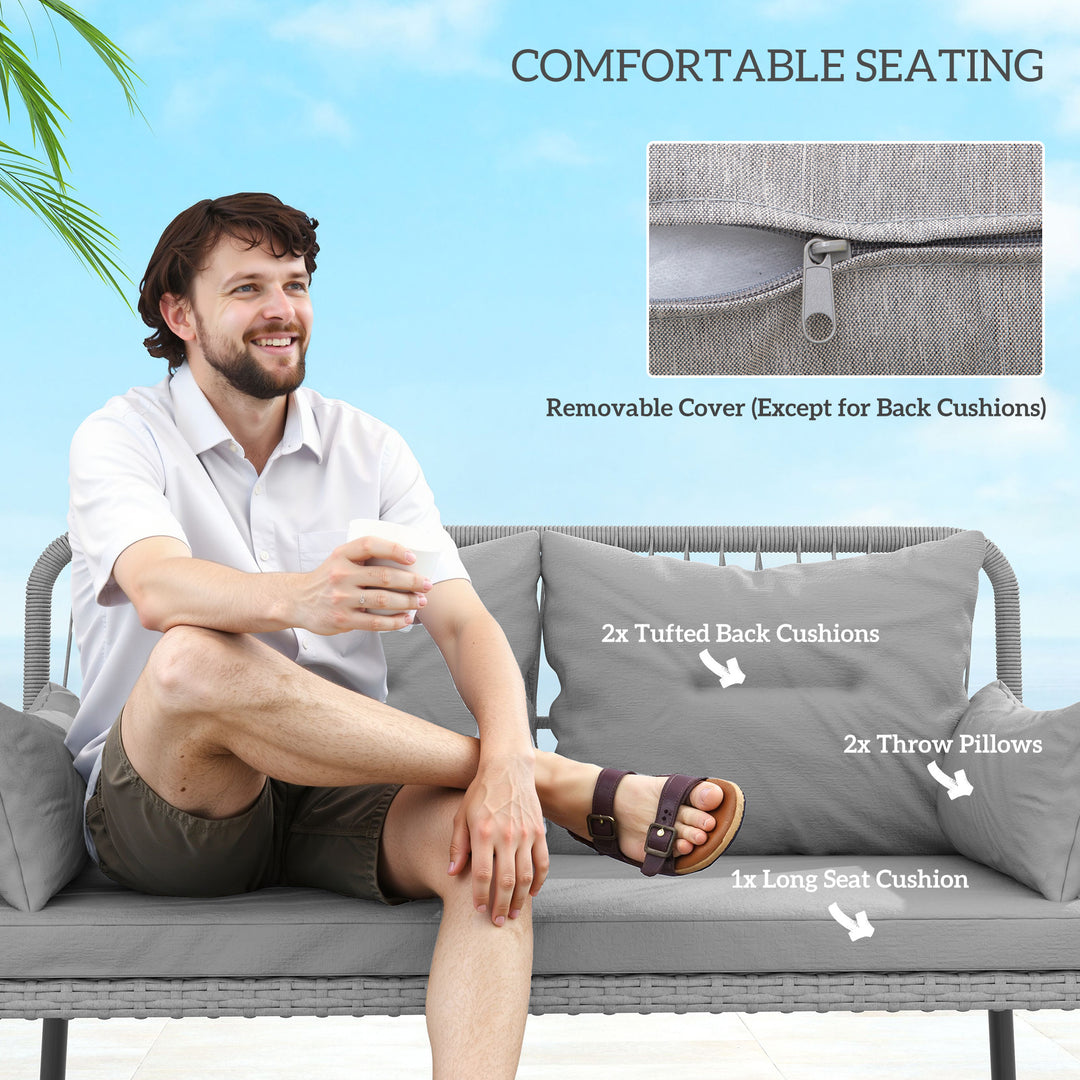 Outsunny 2 Pieces Wicker Patio Furniture Set, Small Patio Seat with Outdoor Loveseat, Glass Top Table and Cushions, Light Grey