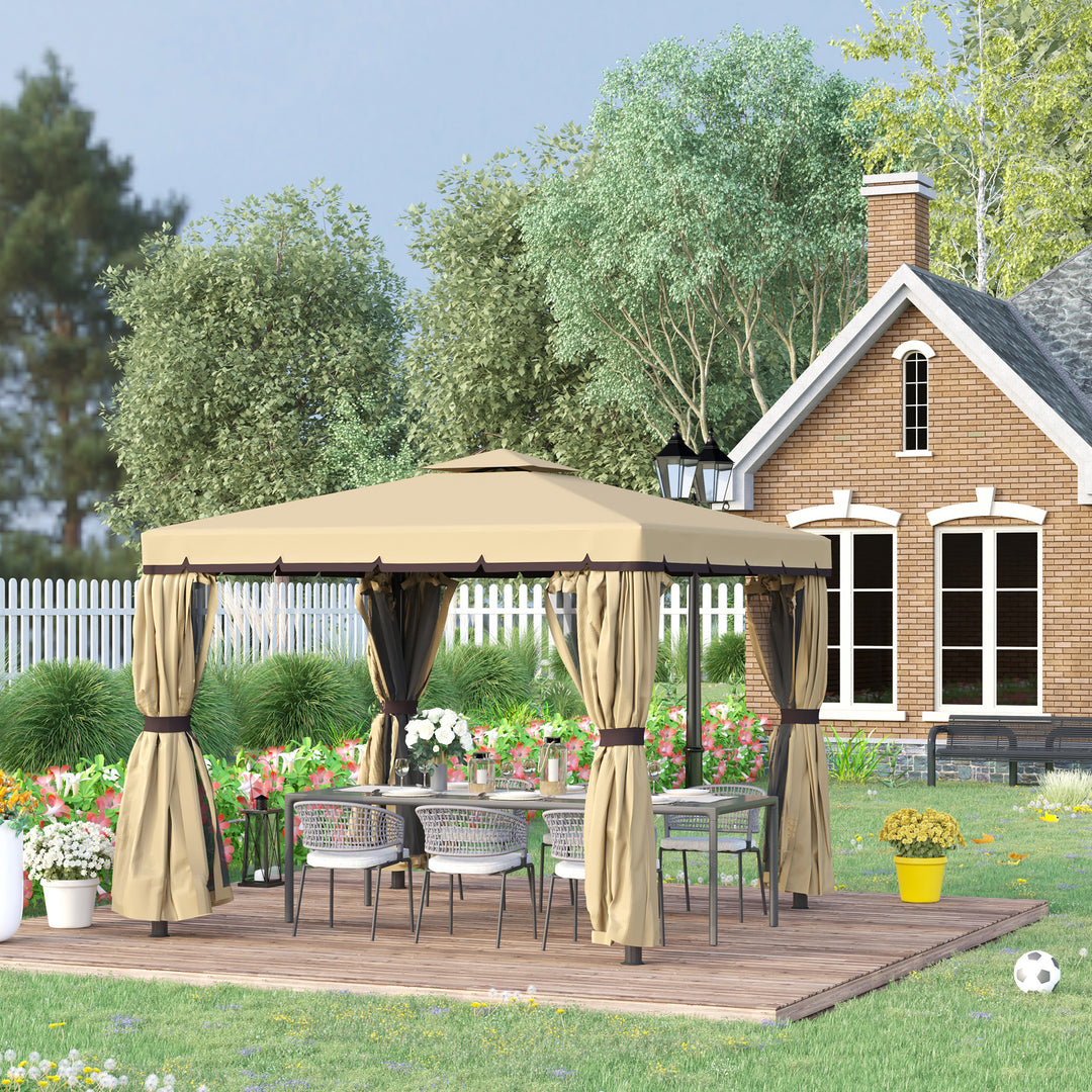 Outsunny 10' x 10' 2-Tier Outdoor Gazebo Canopy Tent with Zippered Mesh Sidewalls, Aluminum Frame for Patio, Backyard, Beige