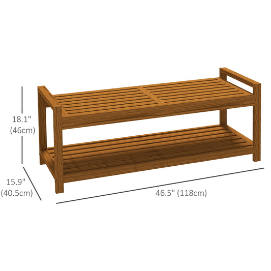 Outsunny Garden Stool with Storage Shelf, Slatted Seat for Indoor Conservatory, Garden, Poolside, Deck, Teak