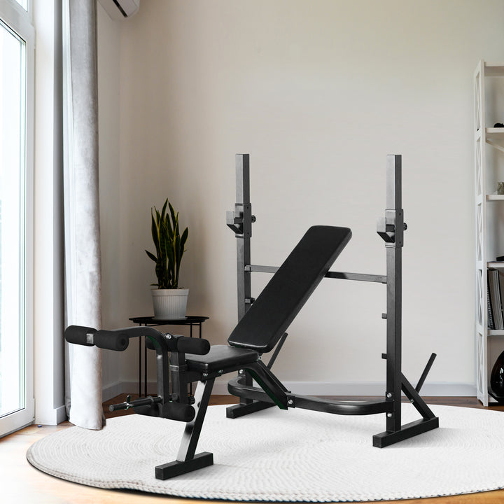 Soozier Weight Bench, Flat Incline Decline Workout Bench Press Set with Squat Racks, Leg Developer, Weight Plate Stand