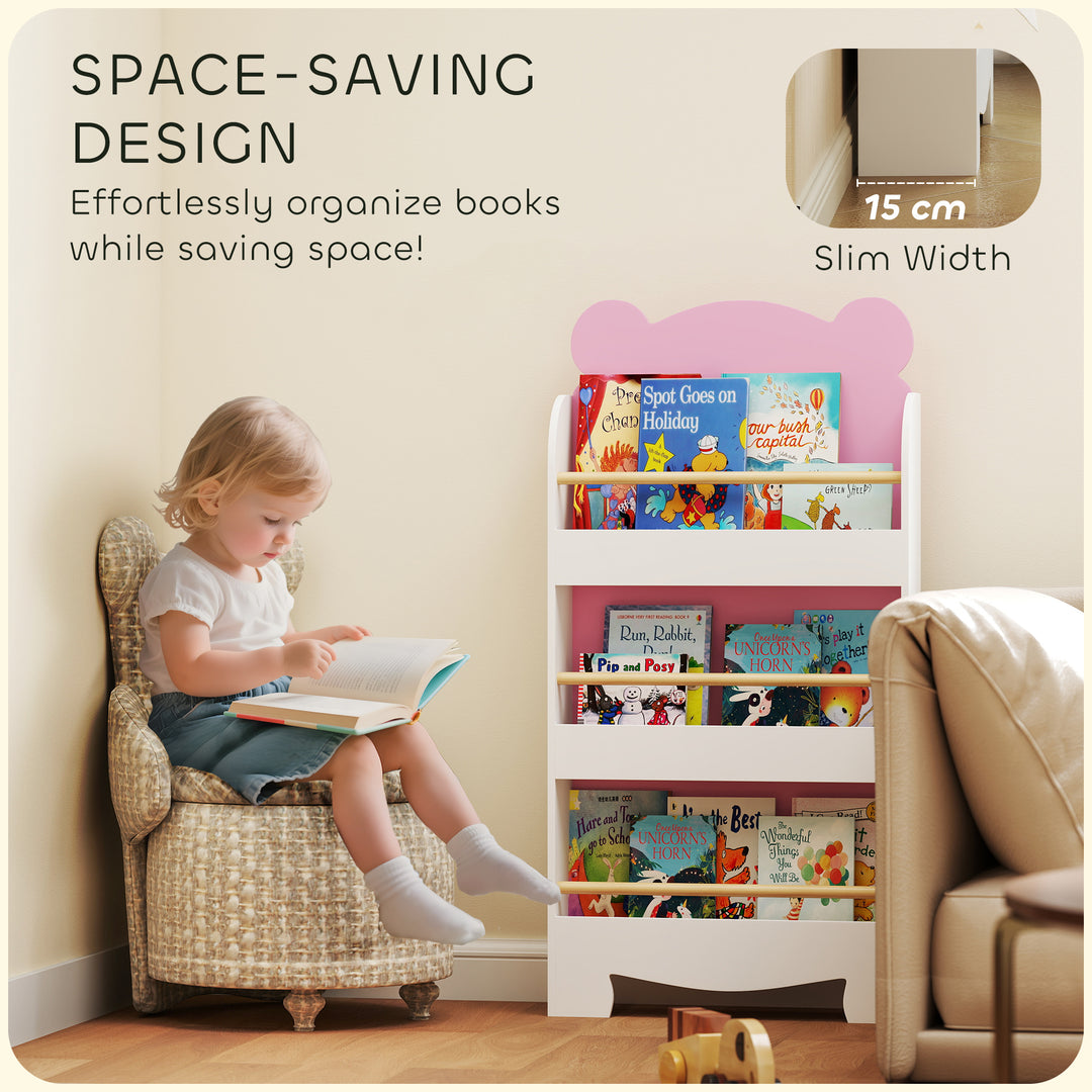 Qaba 3-Tier Bear Theme Kids Bookshelf with Anti-tipping Device for Living Room, Kids Room, Playroom, Pink