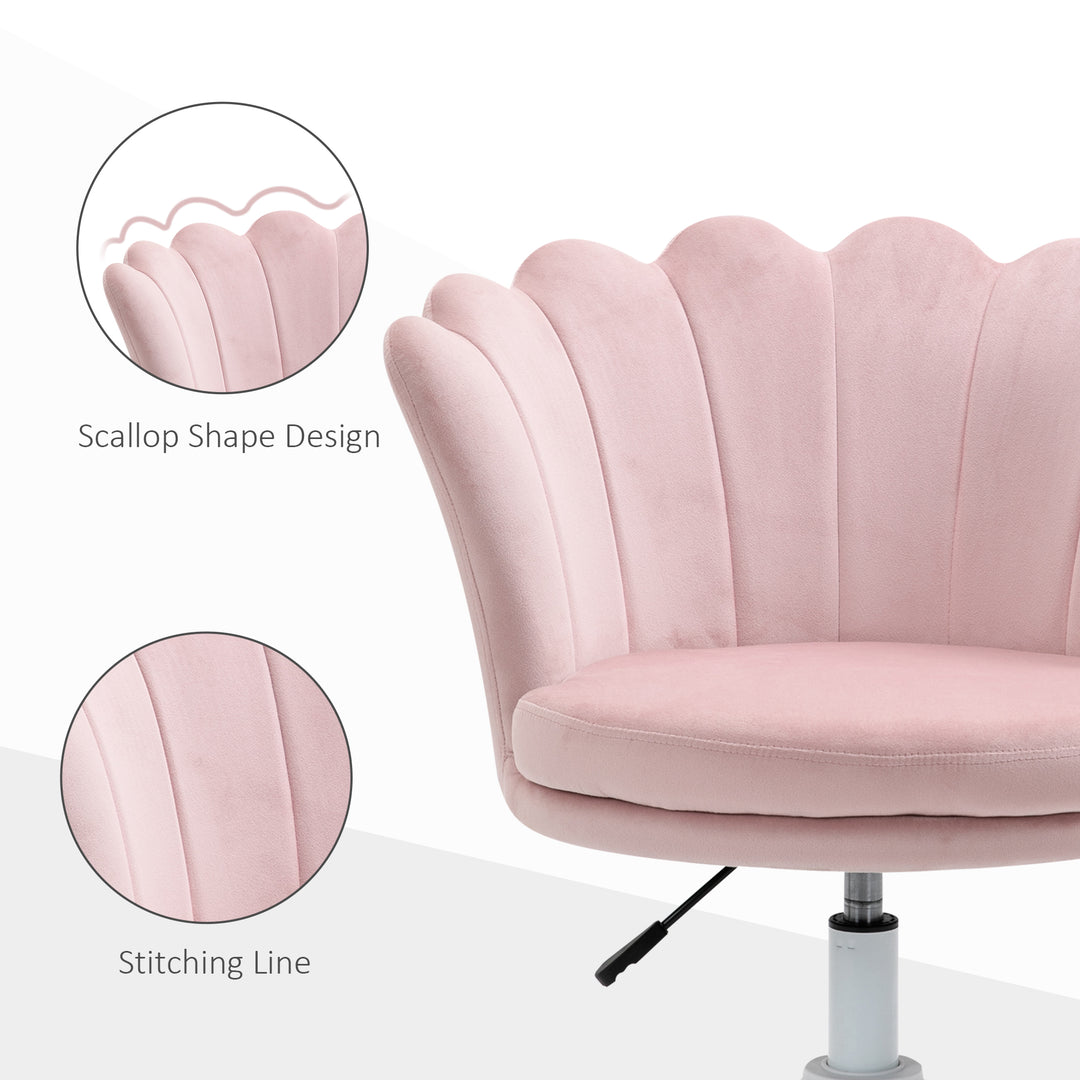 HOMCOM Adjustable Height Study Chair, Mid Back Velvet Office Chair with Swivel Wheels for Living Room, Study, Pink