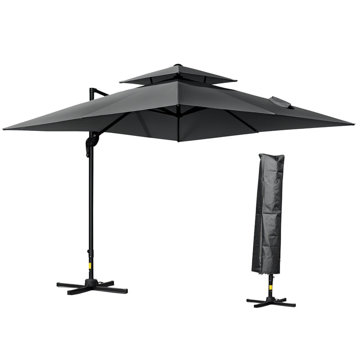Outsunny 10' x 10' Cantilever Patio Umbrella, Double Top Square Offset Umbrella with 360° Rotation, 5 Adjustable Tilt Angles, Umbrella Cover, Aluminum Pole and Ribs, Charcoal Grey