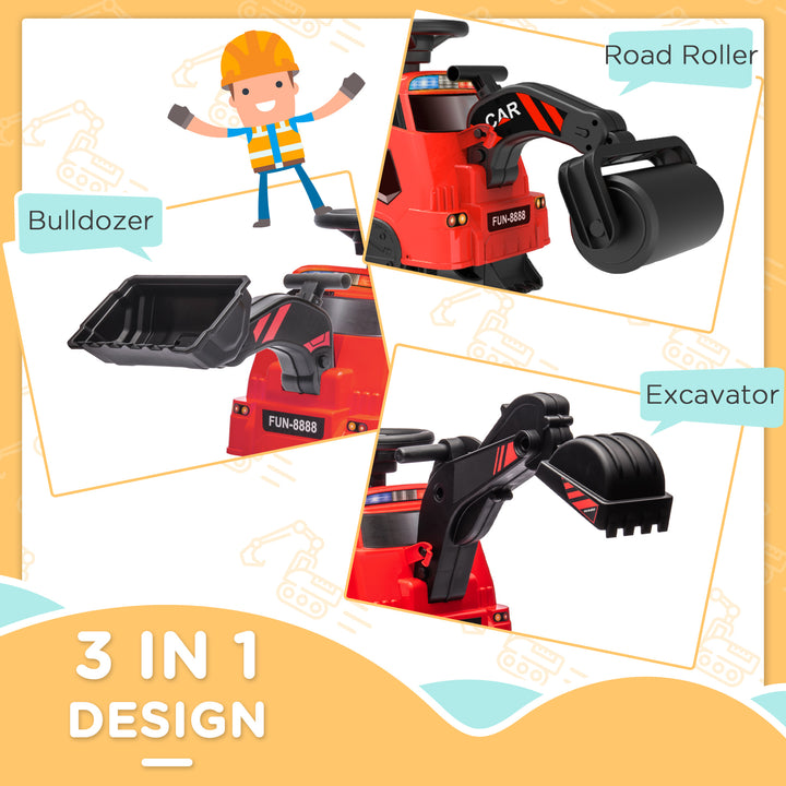 Aosom 3 in 1 Ride on Excavator Bulldozer Road Roller, No Power Pretend Play Construction with Music, for 18-48 Months, Yellow