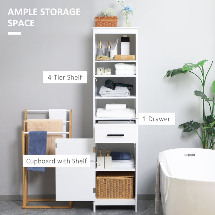 kleankin Tall Bathroom Storage Cabinet, Free Standing Bathroom Cabinet Slim Side Organizer w/ 3-Tier Open Shelf, Door, and Drawer, White