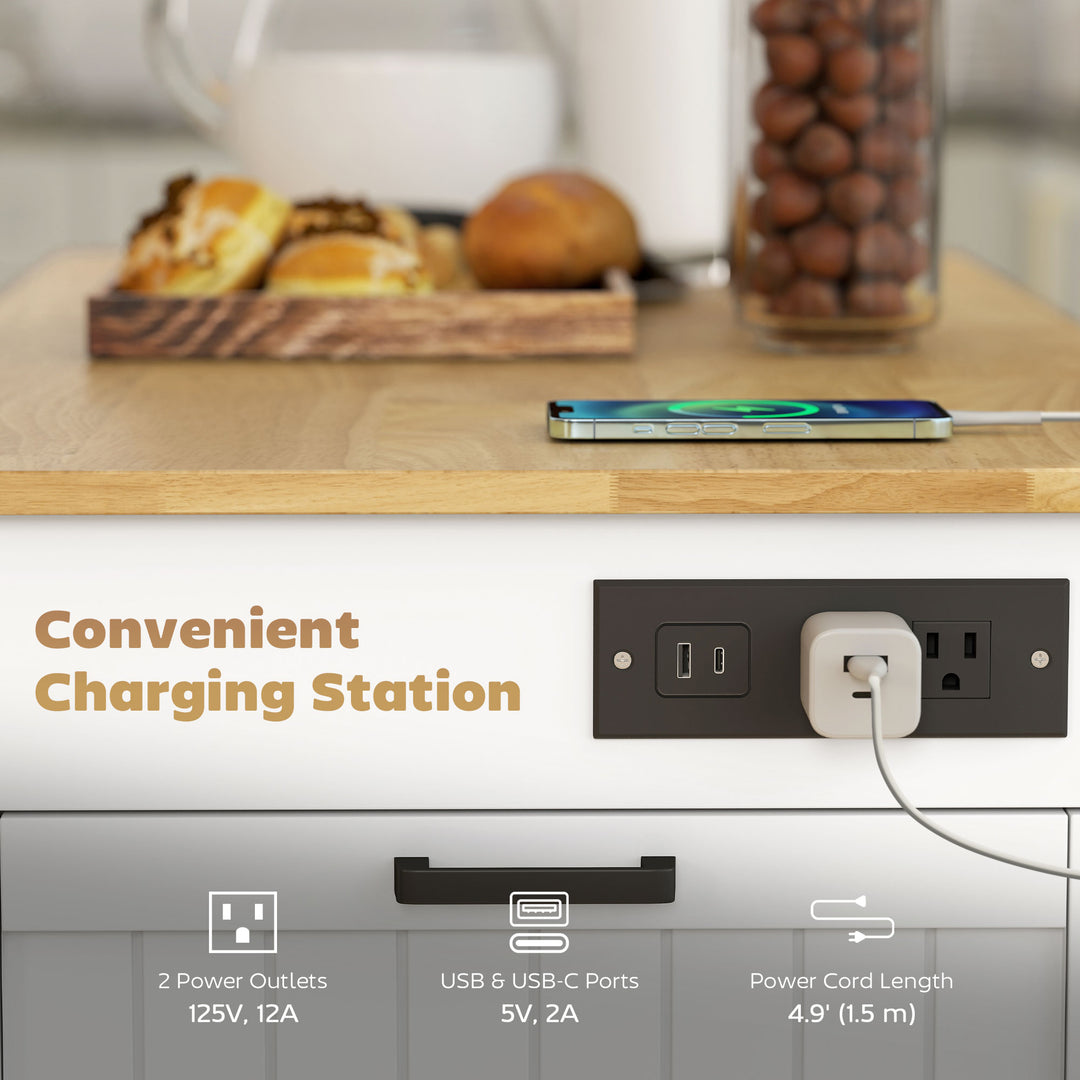 HOMCOM Kitchen Island Cart, Portable Kitchen Island Table with Charging Station, Rubber Wood Drop Leaf, Trash Storage, Black