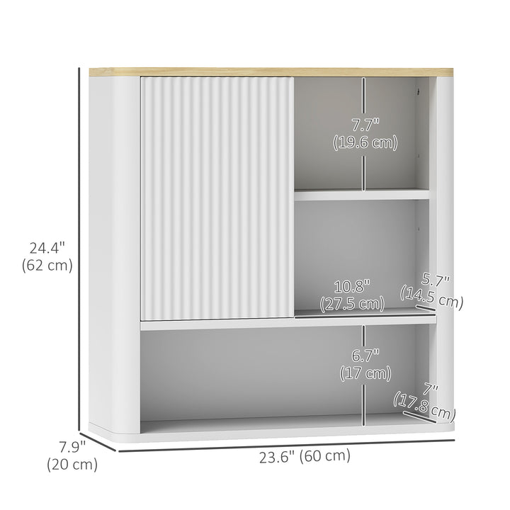 HOMCOM Bathroom Wall Cabinet, Medicine Cabinet with Fluted Panel, Curved Bathroom Cabinet with Adjustable Shelves, White