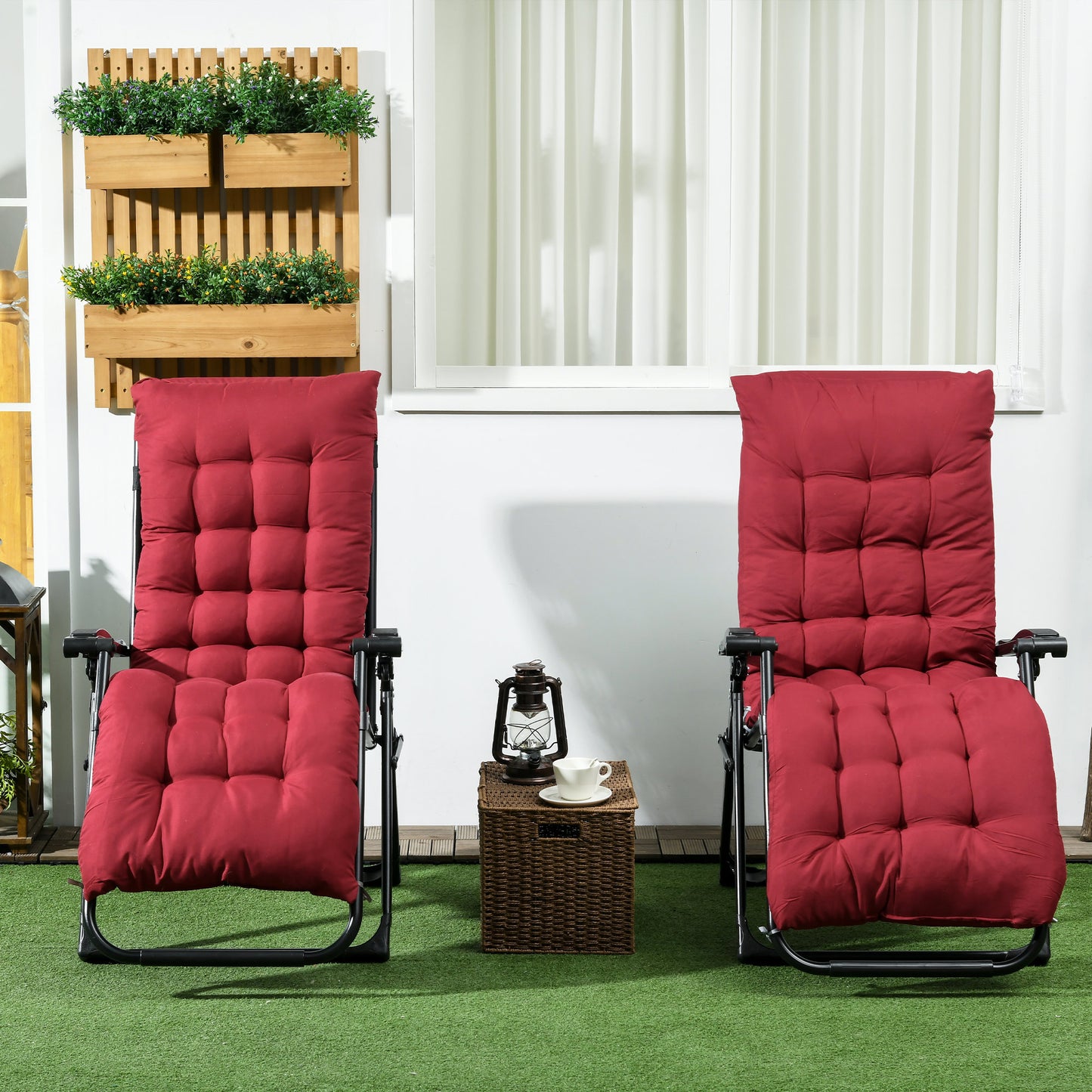 Outsunny Folding Garden Chairs Set of 2, Reclining Zero Gravity Chair, Sun Lounger with Cushion and Headrest, Wine Red