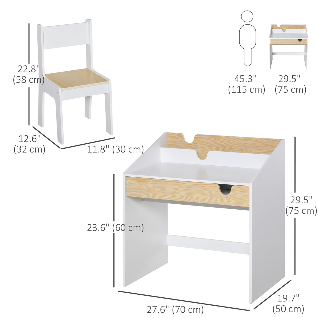 Qaba 2 Pieces Kids Desk and Chair Set with Storage Pull-Out Drawer for 6-10 Years, Writing, Reading, Drawing