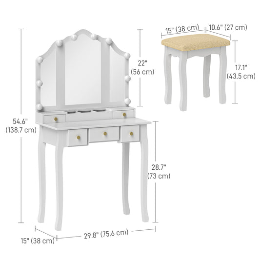 HOMCOM Makeup Vanity Desk with Mirror and Stool, Vanity Set with 10 LED Lights, 5 Drawers and 3 Compartments, White