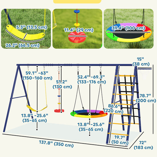 Qaba 6 in 1 Kids Swing Set with 1 Saucer Swing, 1 Belt Swing, 1 Disc Rope Swing, Climbing Ladder and Net, Basketball Hoop