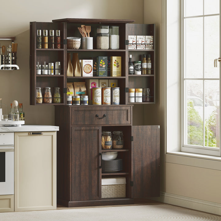 HOMCOM 71" LED Kitchen Pantry Cabinet, Farmhouse Storage Cabinet with Door Shelves, Distressed Brown