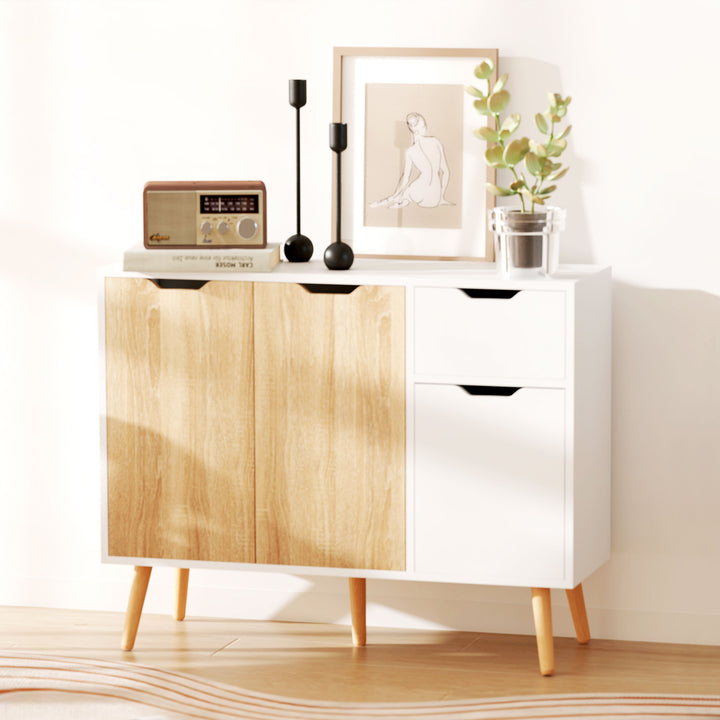 HOMCOM 35" Sideboard Storage Cabinet with Drawer, White and Nature Wood
