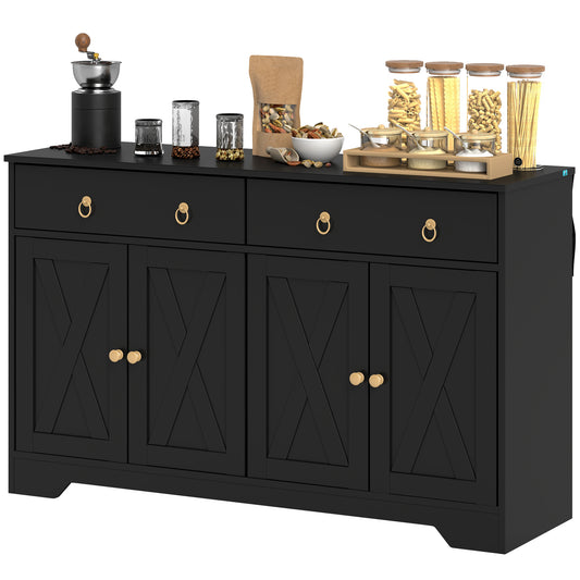 HOMCOM Sideboard Cabinet with 2 Drawers, 4 Barn Doors and 2 Adjustable Shelves, Buffet Table for Living Room, Black
