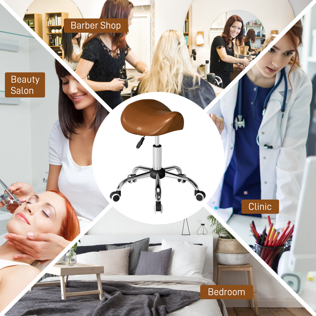 HOMCOM Cosmetic Stool 360° Rotate Height Adjustable Salon Massage Spa Chair Hydraulic Rolling Faux Leather Saddle Stool Mobility, Cream White