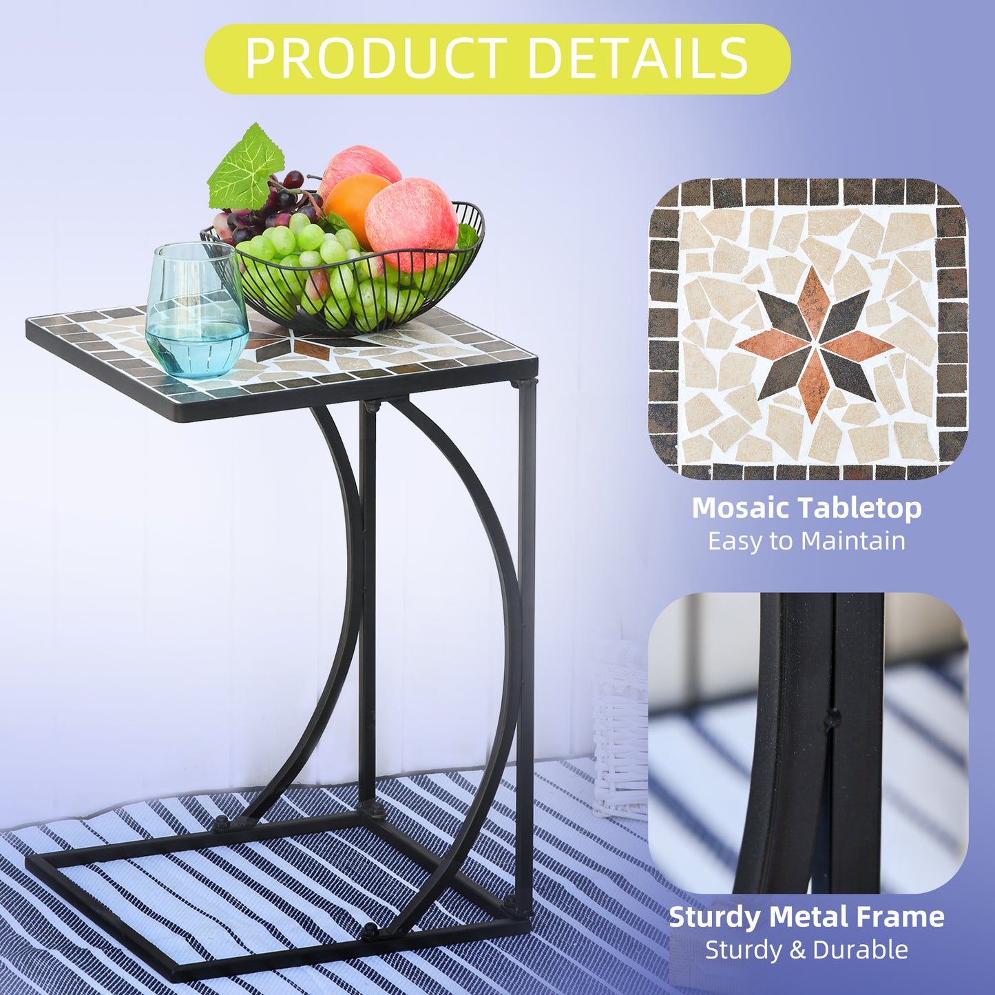 Outsunny Outdoor Mosaic Side Accent Table Indoor Coffee End Table C Shape Frame Patio Plant Stand for Garden Pool