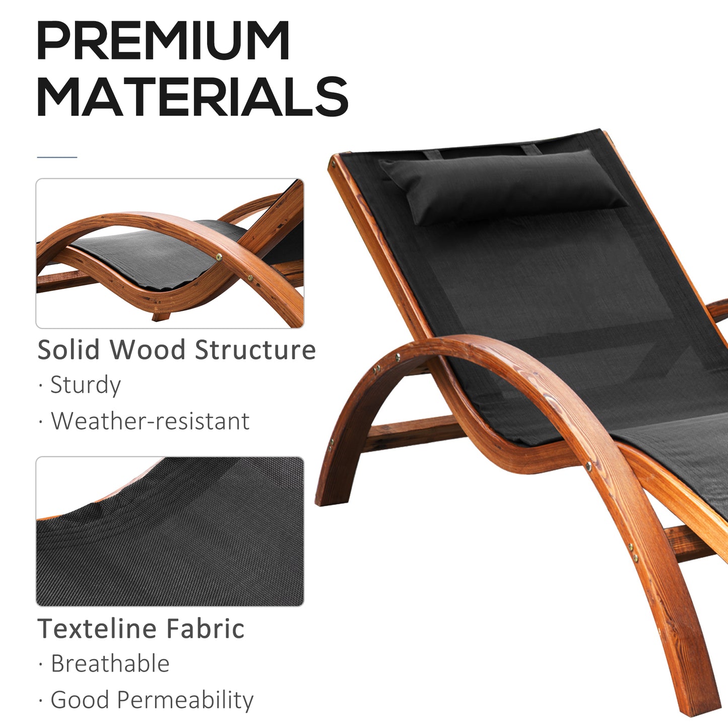 Outsunny Outdoor Wood Chaise Lounge Chair Recliner Patio Camping with Headrest, Teak & Black