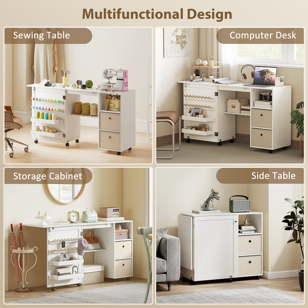 HOMCOM Rolling Sewing Machine Table with Power Outlet, Folding Craft Table with 2 Fabric Drawers, 2 Bins and 18 Pegs, White