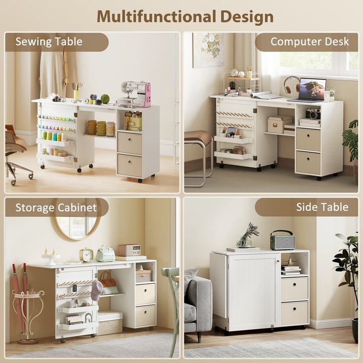 HOMCOM Rolling Sewing Machine Table with Power Outlet, Folding Craft Table with 2 Fabric Drawers, 2 Bins and 18 Pegs, White