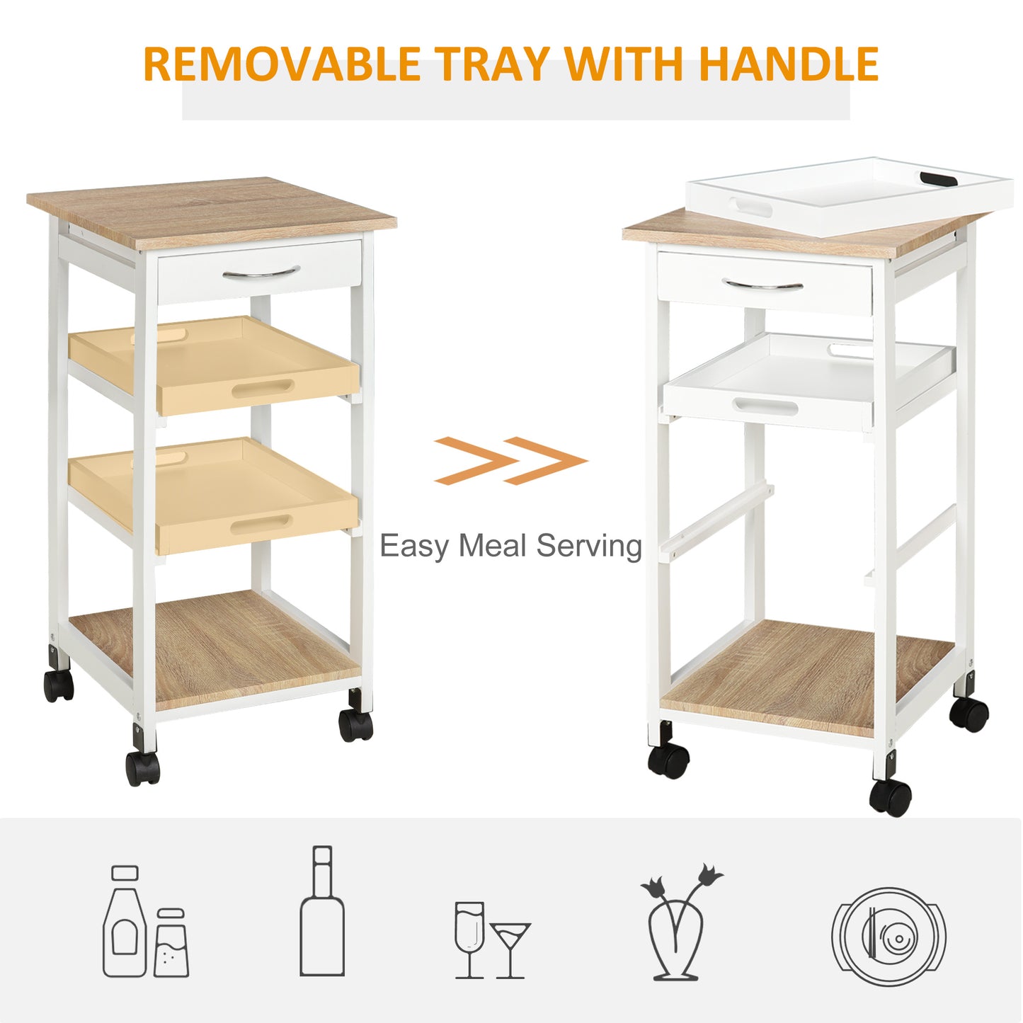 HOMCOM Bar Cart, 4-Tier Kitchen Cart with Removable Serving Tray, Kitchen Shelves on Wheels with Drawer for Dining Room, Living Room, White