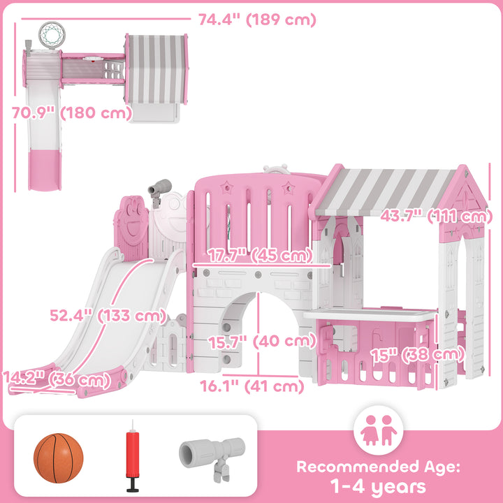 Qaba 7-in-1 Toddler Slide, Kids Slide Climber Playset with Playhouse and Basketball Hoop for 1-4 Years, Grey