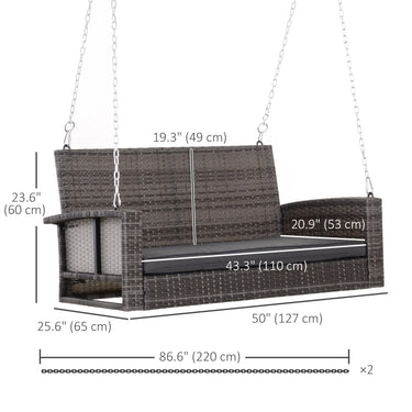 Outsunny 2-Person Patio Porch Swing Chair, Outdoor Rattan Hanging Bench with Cushion & 7.2 ft Steel Chains, Grey